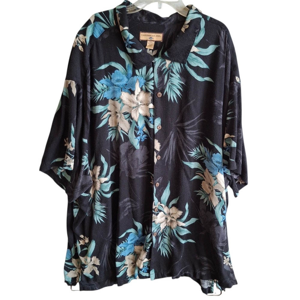 Caribbean Joe Shirt 5XL Mens Hawaiian Floral Palms Button Down Black Rayon *Flaw